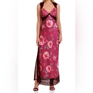 Avec Les Filles Floral Burgundy Sleeveless Lace-trim Matte Satin Dress